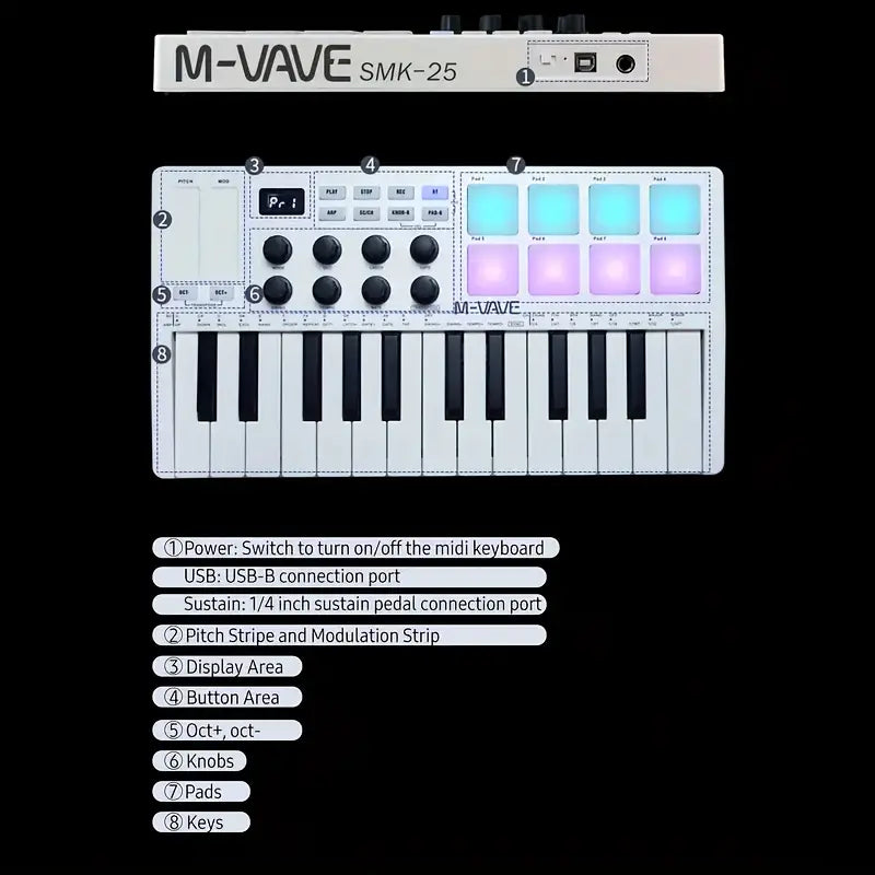 M-VAVE 25-Tasten Tragbare MIDI-Keyboard mit Akku & USB/Batteriebetrieben