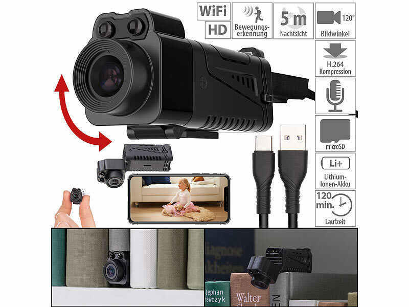 7links WLAN-Micro-Kamera, Full HD, 90° neigbar, Powerbank, IR-Nachtsicht, App Elektroniktrade Switzerland