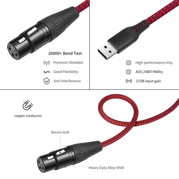 USB-A auf XLR-Buchse Audiokabel für dynamische Mikrofone, 1m, 2m, 3m
