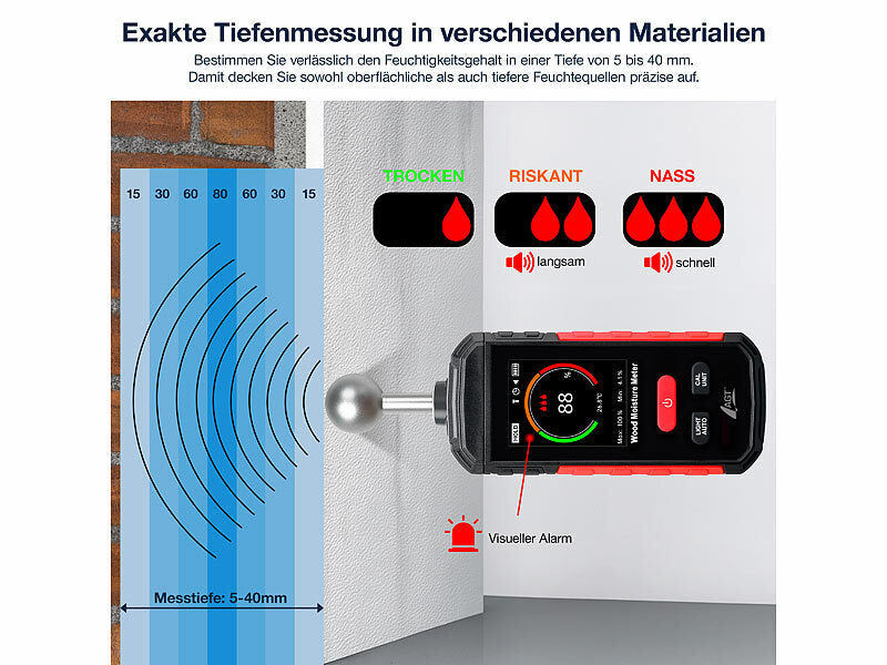 AGT Akku-Feuchtigkeits-Messgerät, nichtinvasive Messung, Farb-LCD, 5-40 mm elektroniktrade Switzerland