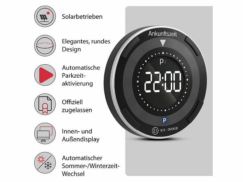 Lescars Digitale e-Parkscheibe, ECE-Zulassung, Erschütterungssensor, Solar elektroniktrade Switzerland