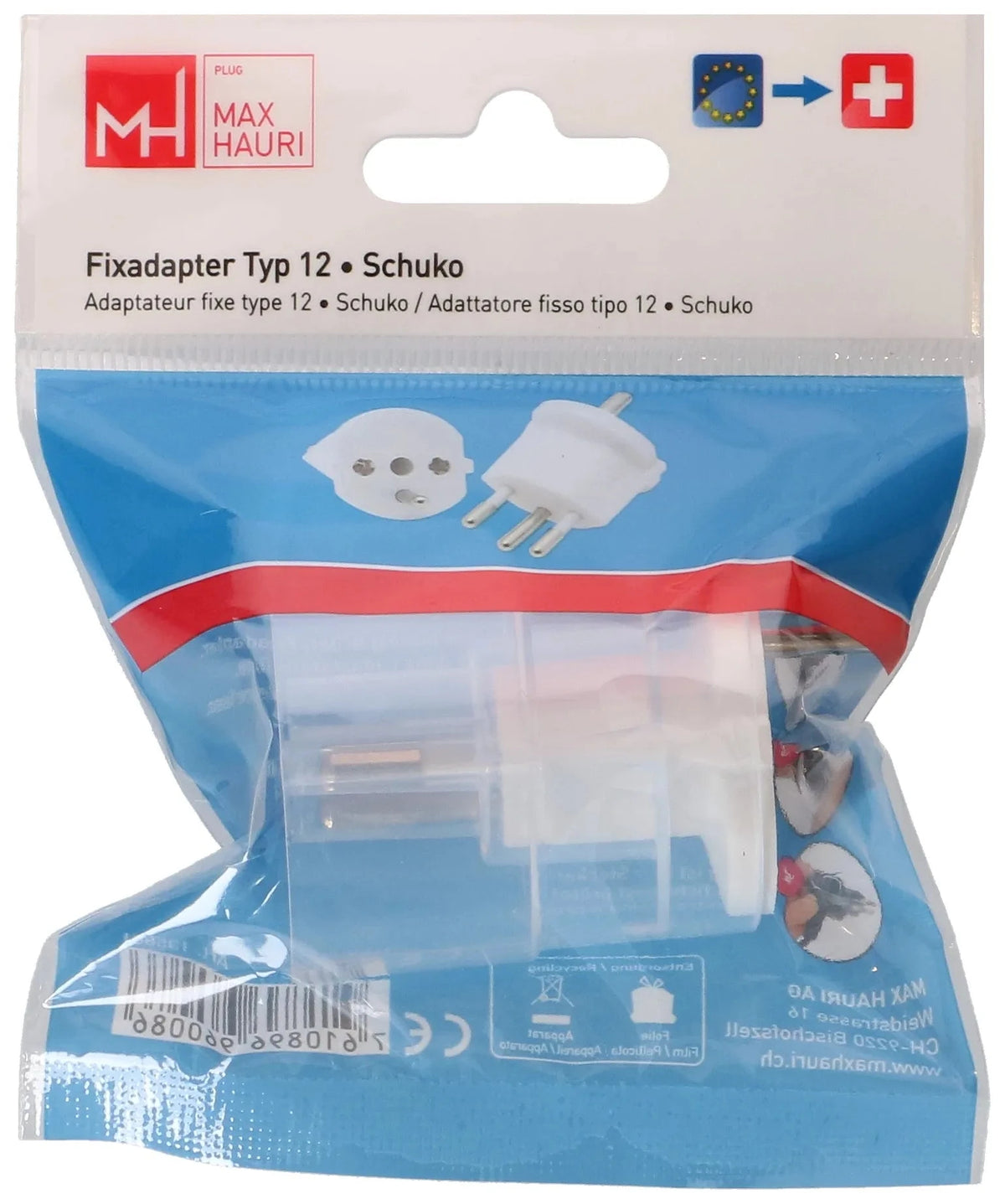 MAX HAURI PLUG Fixadapter Typ 12 / Schuko CEE 7/7 weiss Elektroniktrade Switzerland