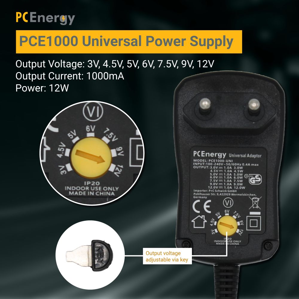 PCEnergy PCE1000-UNI Universal Netzteil; 3-12V; 1A; 12W Elektroniktrade Switzerland