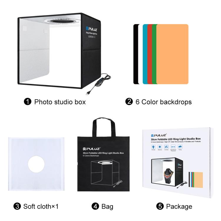 PULUZ PULUZ 30 cm faltbares, hohes 97 CRI-Ringlicht, Fotobeleuchtung, Studio-Aufnahmezelt, Box-Set mit 6 Hintergrundfarben (Schwarz, Weiß, Orange, Rot, Grün, Blau), aufgeklappte Größe: 30 cm x 30 cm x 30 cm, 30cm Box Black elektroniktrade