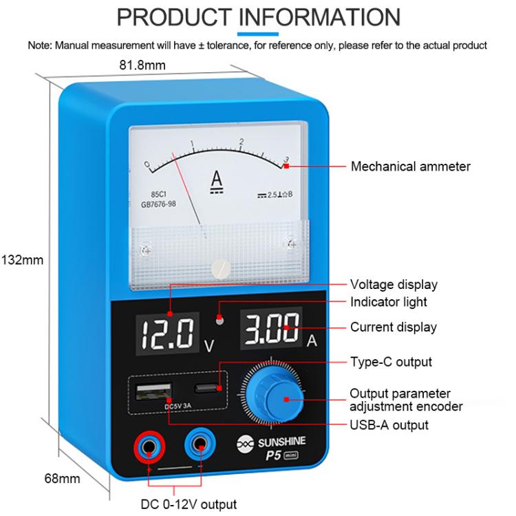 SUNSHINE P5 Mini 5V / 3A Dual-Display Smart-Netzteil mit Amperemeter elektroniktrade Switzerland