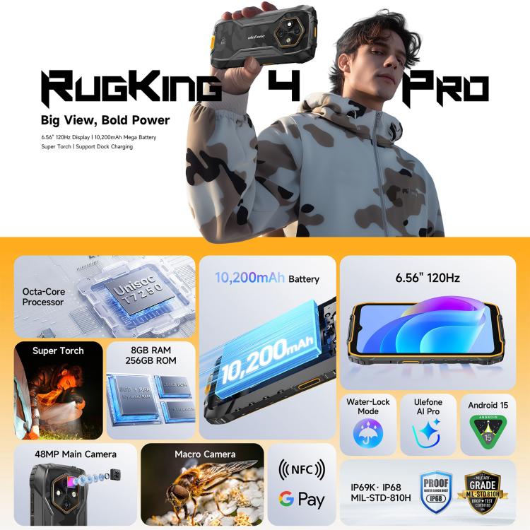Ulefone Ulefone RugKing 4 Pro, 8 GB + 256 GB, robustes Smartphone (IP68/IP69K), 6,56 Zoll, Android 15, Unisoc T7250 Octa-Core-Prozessor, Netzwerk: 4G, NFC, OTG, RugKing 4 Pro, 8GB+256GB elektroniktrade Switzerland