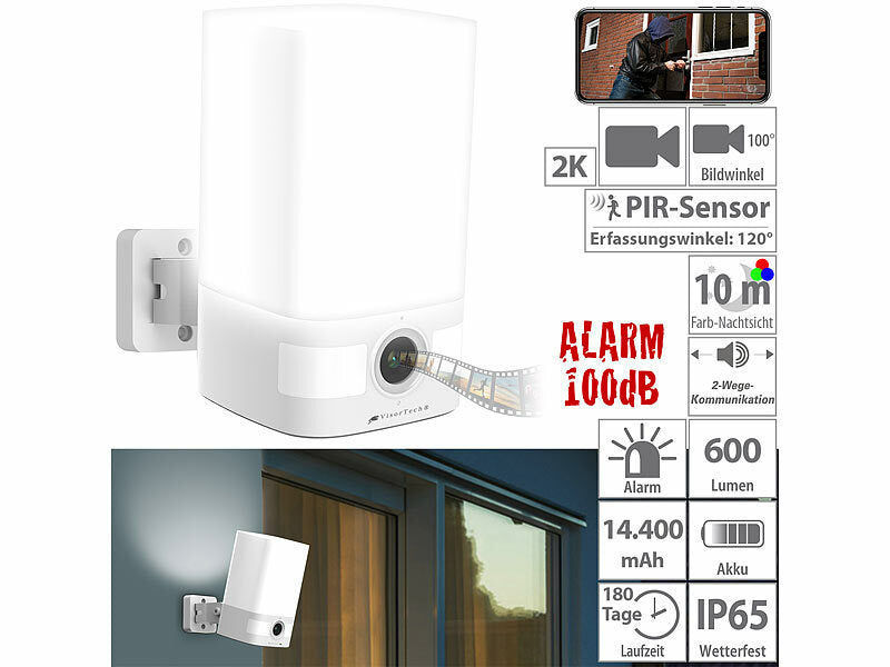 VisorTech 2K-Akku-Überwachungskamera, LED-Licht 600 lm, Alarm, WLAN, App, IP65 elektroniktrade Switzerland