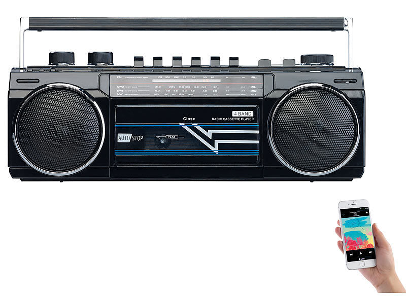 Retro-Boombox mit Kassetten-Player, Radio, USB, SD & Bluetooth, 8 Watt