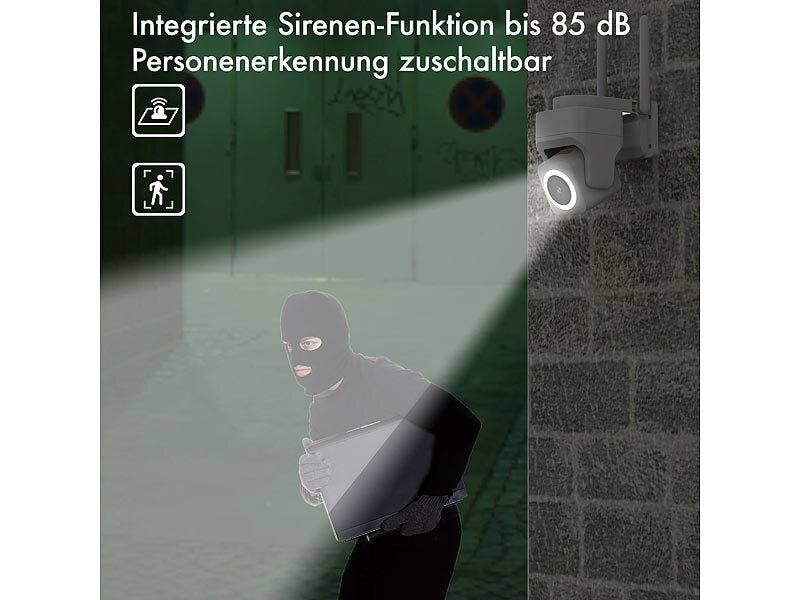 Pan-Tilt-Outdoorkamera mit 2K-Auflösung, 4 MP, Dualband-WLAN, Sirene