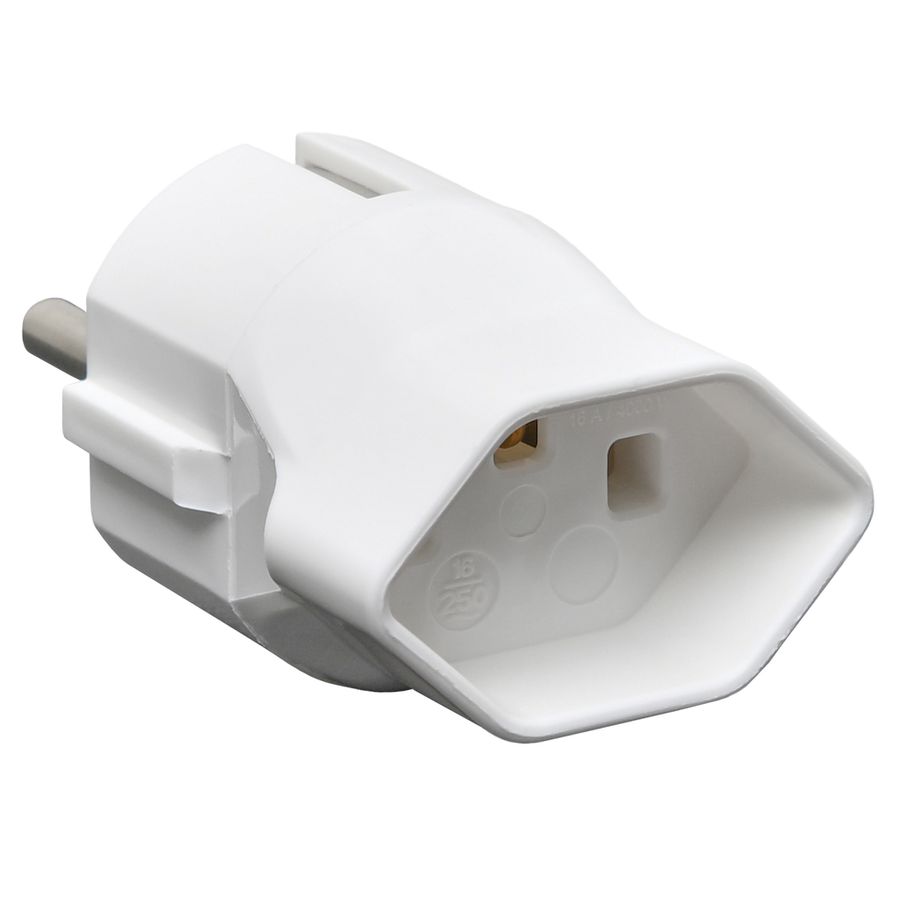 Reiseadapter CH-SchuKo - CH-T23 nach Schuko, 16A, kein Kinderschutz, weiss
