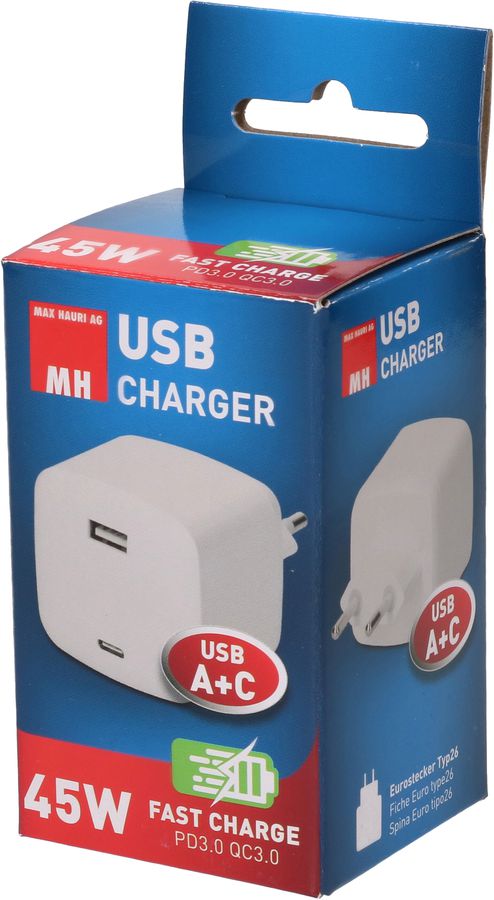 USB Schnellladeadapter 1x USB-C PD 1x USB-A 45W weiss