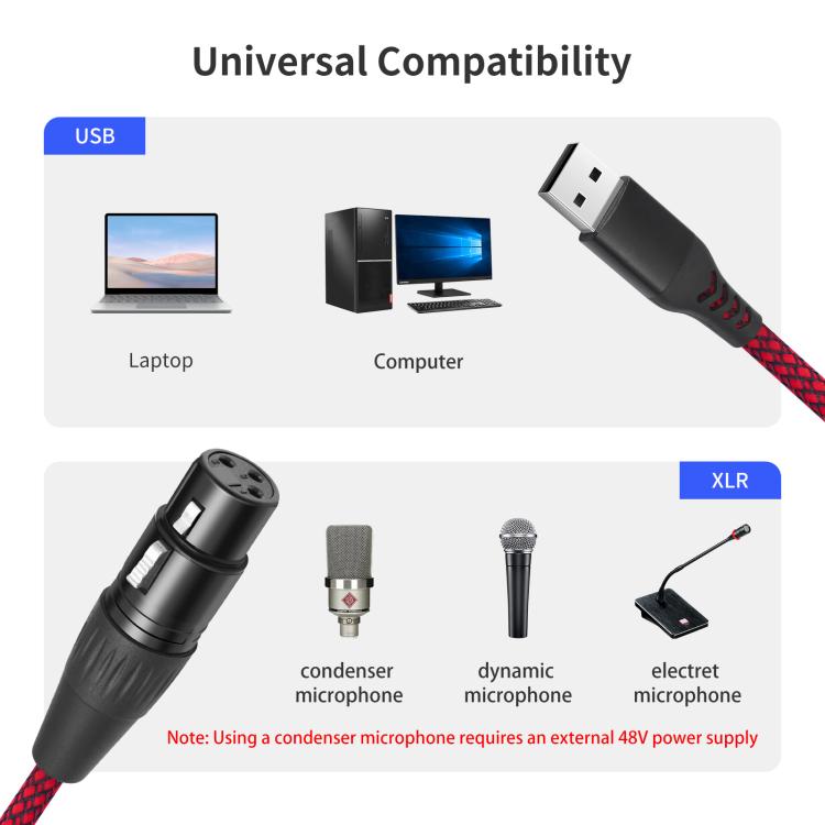 USB-A auf XLR-Buchse Audiokabel für dynamische Mikrofone, 1m, 2m, 3m