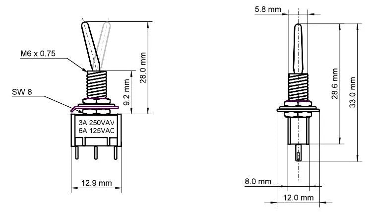 Miniatur Kippschalter 3 Pin EIN-AUS-EIN – weitere Ansicht