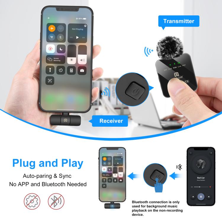 PULUZ Kabelloses Lavalier-Mikrofon für iPhone/iPad, 8-poliger Empfänger, 8-Pin 1 TX + 1 RX