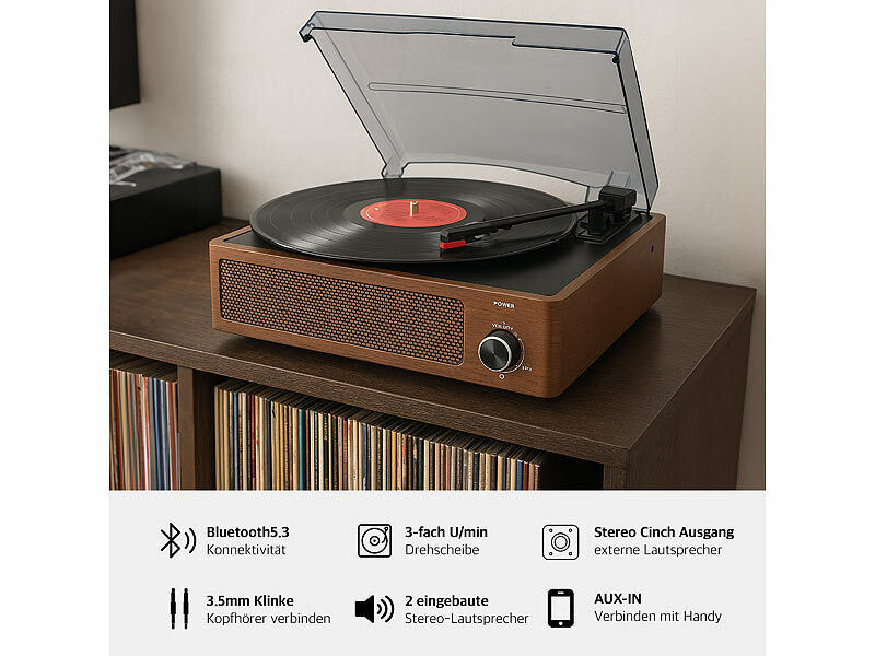 auvisio Schallplattenspieler mit Stereo-Lautsprecher und Bluetooth, 12 Watt Elektroniktrade Switzerland