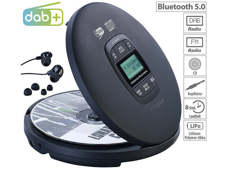 auvisio Tragbarer CD-Player, DAB+ Radio, Bluetooth, Akku, Ohrhörer, Anti-Shock elektroniktrade Switzerland