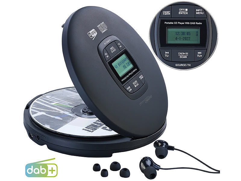 auvisio Tragbarer CD-Player, DAB+ Radio, Bluetooth, Akku, Ohrhörer, Anti-Shock elektroniktrade Switzerland