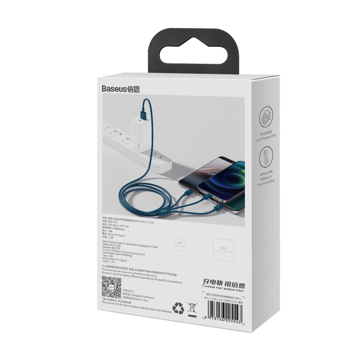 BASEUS USB-Kabel 3in1 Baseus Superior Serie, USB auf Micro USB / USB-C / Lightning, 3.5A, 1.5m (blau) elektroniktrade Switzerland