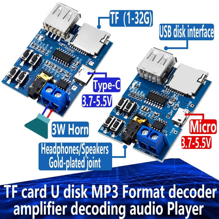 elektroniktrade MP3-Decoder-Modul mit Verstärker, TF-Karte, USB, Mikrofon und USB-C oder MicroUSB elektroniktrade Switzerland