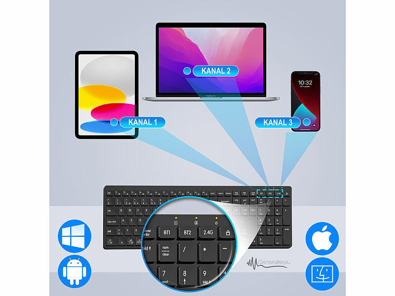 GeneralKeys Akku-Funktastatur mit Bluetooth, Scissor, 7 Farben, deutsch-SCHWEIZ elektroniktrade Switzerland