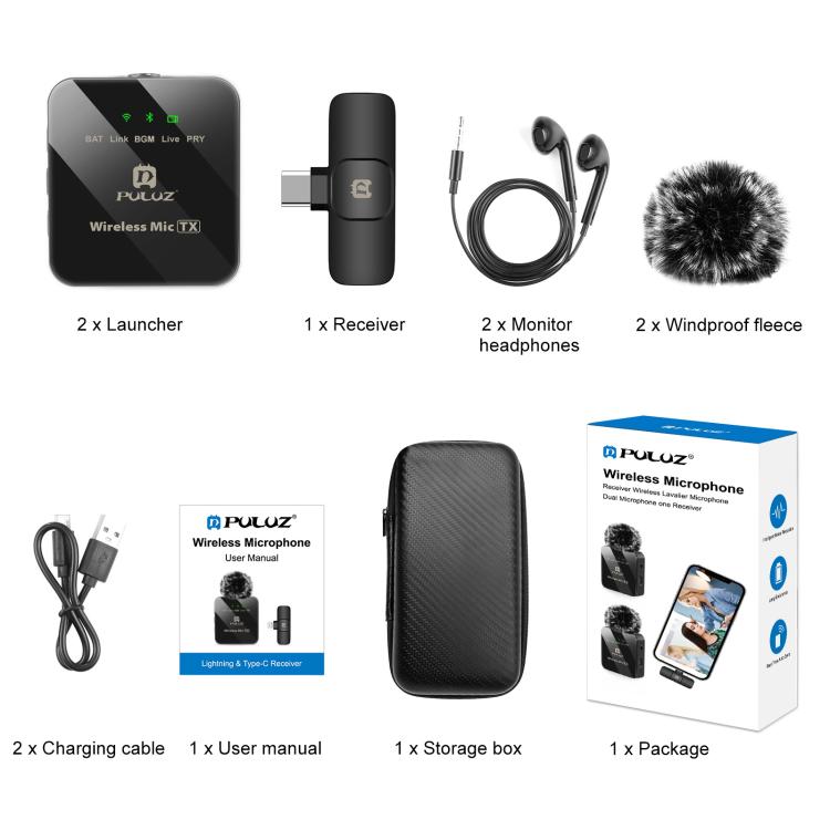 PULUZ PULUZ Kabelloses Lavalier-Mikrofon für Typ-C-Telefone, Typ-C-Empfänger und Dual-Mikrofone, Type-C 2 TX + 1 RX Elektroniktrade Switzerland