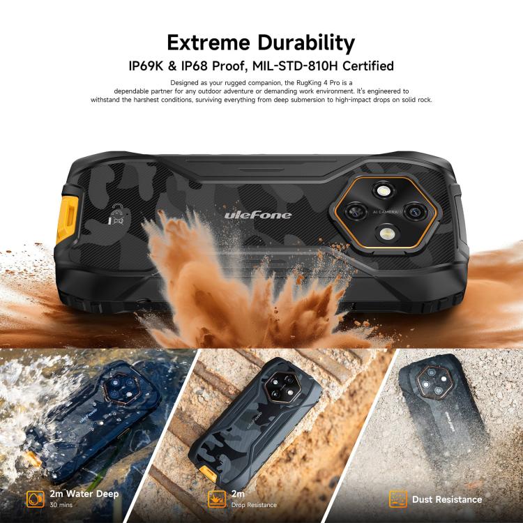 Ulefone Ulefone RugKing 4 Pro, 8 GB + 256 GB, robustes Smartphone (IP68/IP69K), 6,56 Zoll, Android 15, Unisoc T7250 Octa-Core-Prozessor, Netzwerk: 4G, NFC, OTG, RugKing 4 Pro, 8GB+256GB elektroniktrade Switzerland