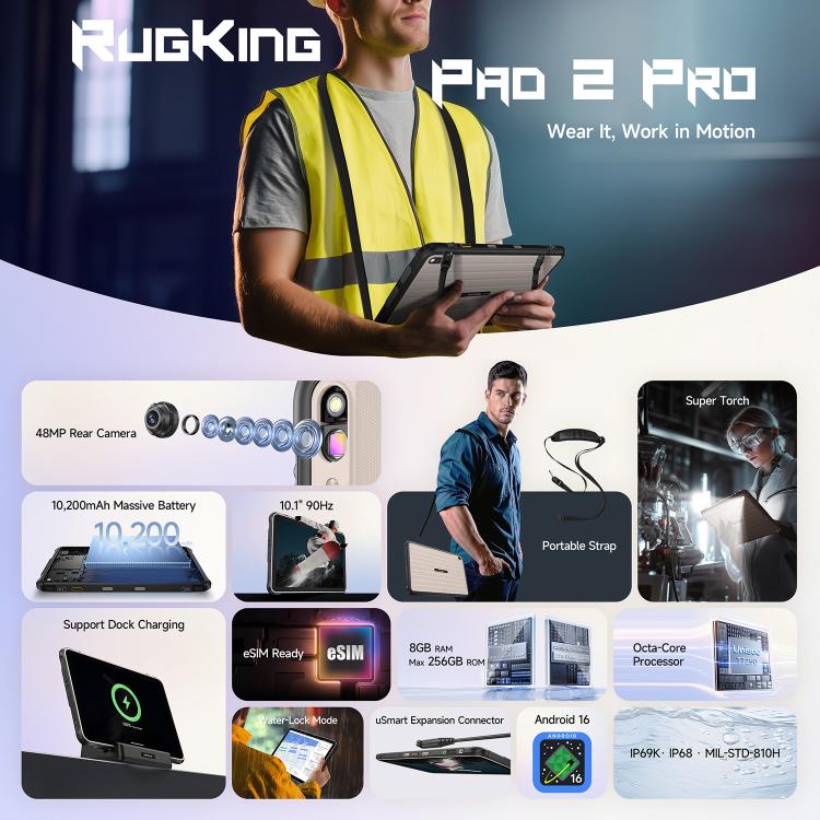 Ulefone Ulefone Rugking Pad 2 Pro Robustes Tablet-PC, 8 GB + 128 GB, 10,1 Zoll, Android 16, Unisoc T7250 Octa-Core-Prozessor, 4G-Netzwerk, EU-Stecker, 8GB+128GB elektroniktrade Switzerland