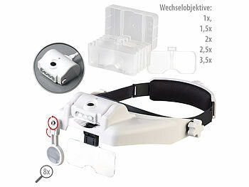 Kopflupe: AGT Akku-Stirnlupe mit 1-/1,5-/2-/2,5-/3,5-facher Vergrößerung & LED-Licht